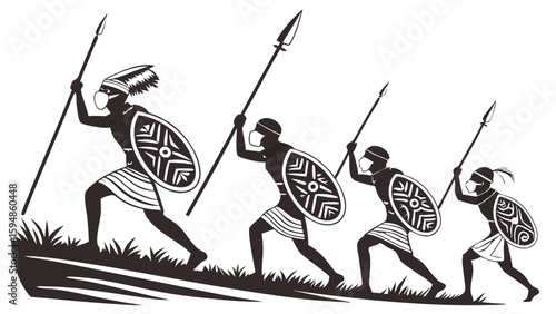 African Tribal Warriors Silhouette Marching Uphill with Spears and Shields Black and White Vector Art Indigenous Men Advancing in Formation