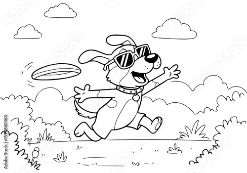 Cheerful cartoon dog catches a frisbee disc outdoors on a sunny day, perfect for children's books, coloring pages or playful designs.