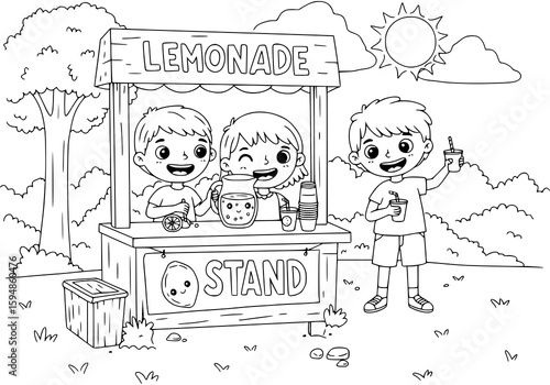 Cheerful kids running a lemonade stand under the sun makes a fun, summery design that is perfect for logos or branding.