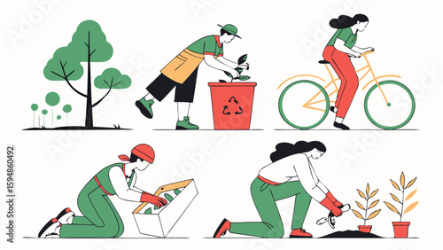 People Engaging in Eco-Friendly Activities Flat Illustration Planting Trees Recycling Cycling and Gardening for Environmental Conservation