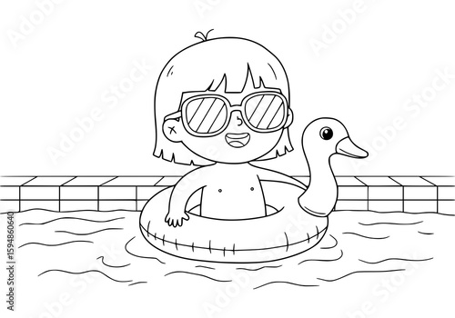 Little kid swimming in pool with duck inflatable float ring, perfect for children's design projects related to summer and water activities.