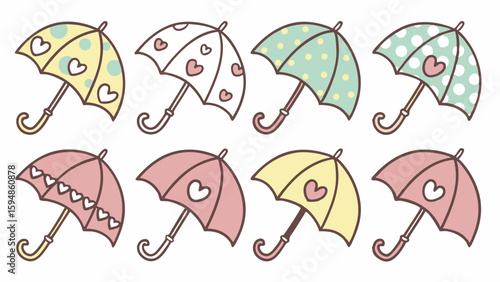Collection of eight cute kawaii pastel colored umbrellas illustration set featuring heart and polka dot patterns in soft pink, yellow, and mint green.
