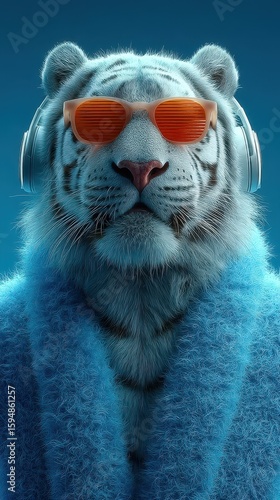 Cool white tiger in sunglasses and headphones wearing a blue robe against a blue background