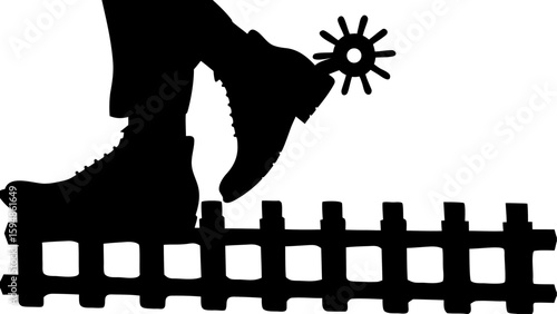 Silhouette of cowboy boots with spurs stepping over a fence in a western style illustration