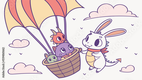 Cute Bunny-Eared Dragon and Three Adorable Baby Dragons Soaring in a Whimsical Hot Air Balloon. Charming Cartoon Illustration of a Fantasy Sky Adventure.