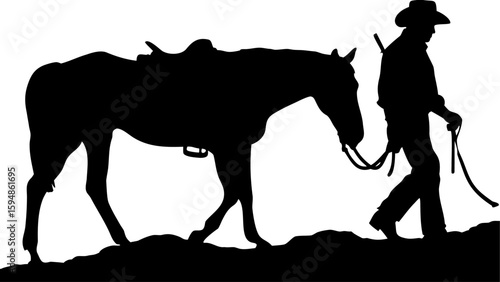 Silhouette of a cowboy walking with his horse on a hill in a monochrome black and white illustration