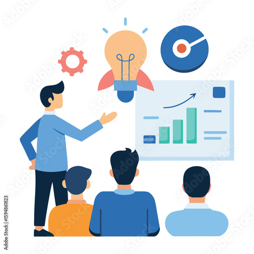 Entrepreneur giving a pitch presentation to investors isolated on transparent background
