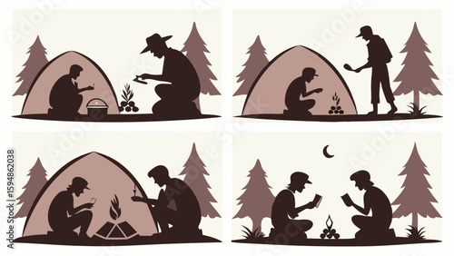 Monochromatic silhouette illustration of two campers glued to smartphones by a campfire, highlighting technology's impact on outdoor adventures.