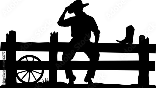 Silhouette of cowboy sitting on fence with boot and wagon wheel in black and white illustration style