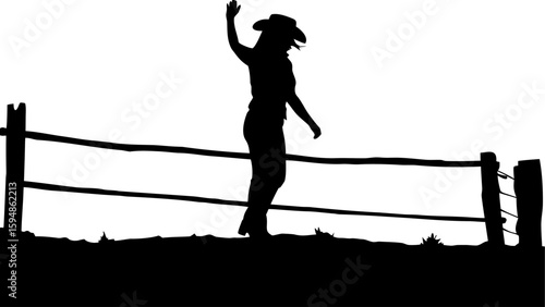Silhouette of a woman in a cowboy hat waving while walking on a fence in a black and white landscape scene