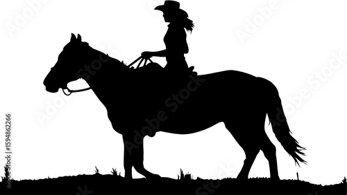 Silhouette of a cowgirl with a hat riding a horse in a field under bright light conditions outdoors