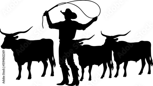 Silhouette of a cowboy with a lasso herding longhorn cattle in a rural western scene landscape setting