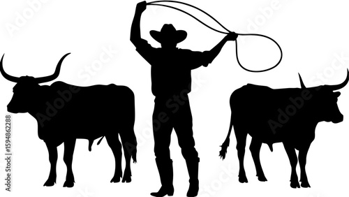 Silhouette of a cowboy with a lasso standing between two longhorn cattle in a western scene image art