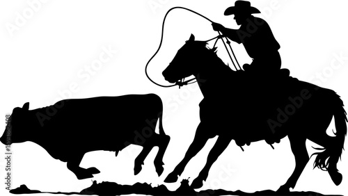 Silhouette of cowboy on horseback roping a cow in a western scene with dynamic action and movement