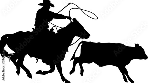 Silhouette of a cowboy on horseback roping a calf in a western scene with a lasso in the air riding fast