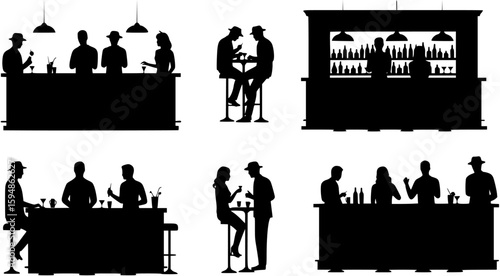Set of people dining silhouettes for various restaurant, cafe, and bar scenes
