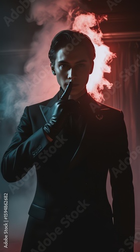 Stock photo of mysterious man in black suit with finger to lips in smoky background