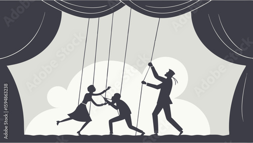 Monochrome silhouette of human puppets on strings on a theater stage, symbolizing control, manipulation, and power dynamics.