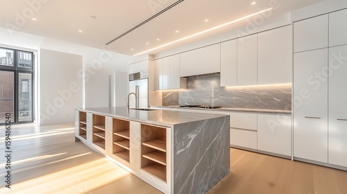 Wallpaper Mural Streamlined kitchen with satin white cabinets, polished grey veined marble, pale oak island with storage niches, ceiling-mounted LED bar lights. Torontodigital.ca