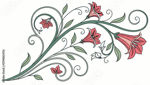 Elegant Art Nouveau style floral flourish with pink bell flowers and green leaves on swirling decorative vines perfect for vintage design elements and borders