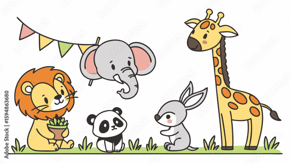 Naklejka premium Adorable cartoon baby safari animals lion, elephant, panda, rabbit, and giraffe on green grass with colorful bunting banner, cute vector art.