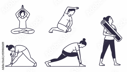 Minimalist black and white illustrations of diverse yoga poses for fitness and wellness. People practicing meditation, stretching, and various exercises.