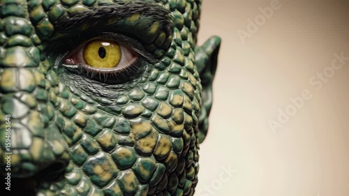 Close up of lizard yellow eye and green scales shows detail, alertness, primal sense, awareness, survival, deep gaze, reptilian evolution, connection to nature