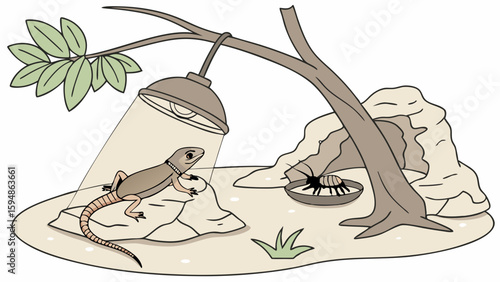 Illustrated pet lizard terrarium setup with a gecko basking under a heat lamp, featuring rocks, a tree branch, a cave hideout, and insect food