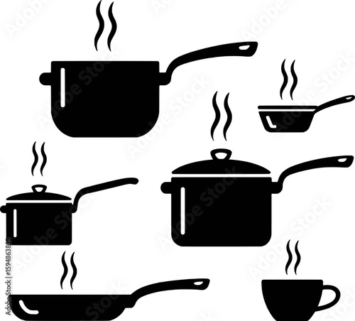 Black cooking pots pans and cup with steam vector