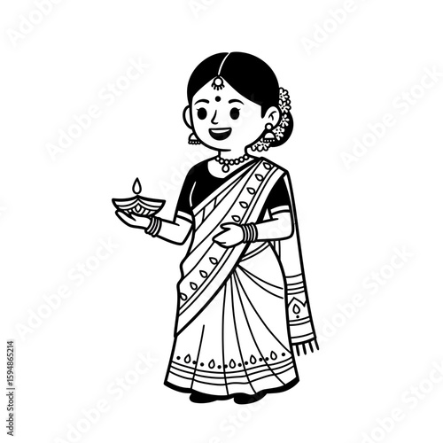 Illustration of a woman holding a diya lamp artwork silhouette