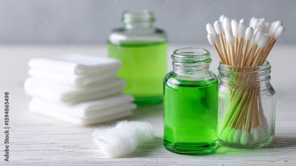 Bottles of brilliant green, cotton swabs, and pads on a white table, space reserved for caption Bottles of brilliant green, cotton swabs, and pads on a white table, space reserved for caption