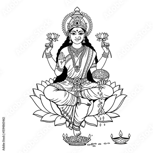 Line drawing of goddess lakshmi with lotus and coins silhouette