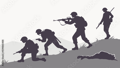 Monochrome silhouette art depicting army soldiers advancing uphill in a combat zone, with one fallen soldier, illustrating military conflict and war.