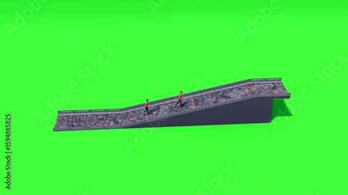 Animated render of a man and woman jogging uphill on a ramp with a rocky wall against a green screen. Suitable for fitness, sports, or challenge-themed content.