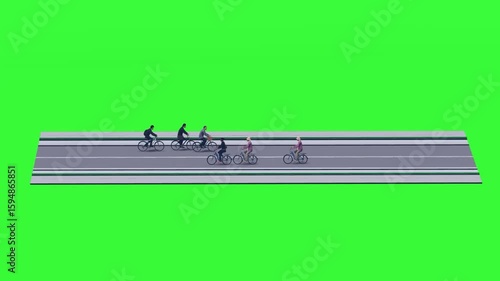 Animated render of a group of diverse cyclists riding bicycles along a road. Features a green screen background for easy compositing. Suitable for projects on transport, health, sports, and urban life