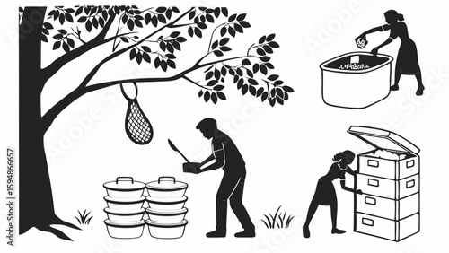 Black and white silhouette illustration of people managing organic waste with worm bins, compost tea, and recycling for sustainable living outdoors.
