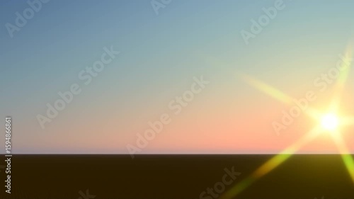 A warm, gradient sunset or sunrise illuminates the sky with a prominent sun flare over a flat horizon. Suitable for themes of new beginnings, nature, hope, or as a vibrant background.