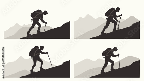 Four distinct black silhouette hikers with backpacks and trekking poles ascend steep mountain trails. A versatile monochrome outdoor adventure and sport graphic set.