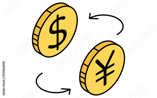 ドルと円の通貨交換のシンプルな線画アイコン（アイソメトリックイラスト）