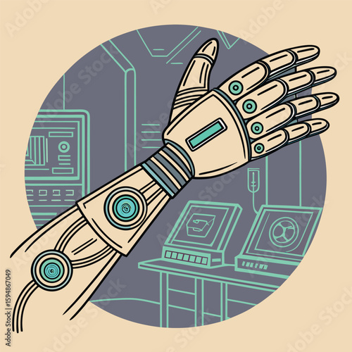 Illustration of a robotic arm with visible joints and wires in a futuristic laboratory setting