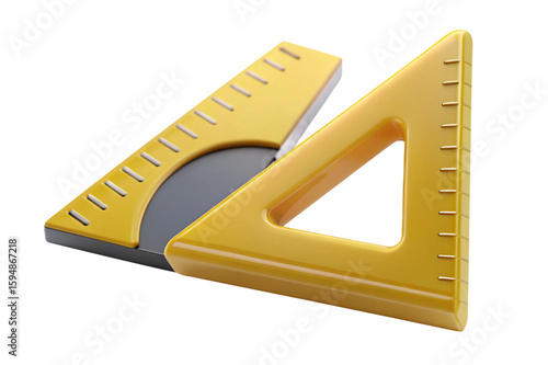 Yellow set square and protractor tool for geometry and drafting isolated on transparent background