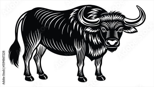 Powerful black and white illustration of a majestic gaur, or Indian bison, standing firmly with large curved horns and muscular build. ideal for use in wildlife conservation materials, educational 