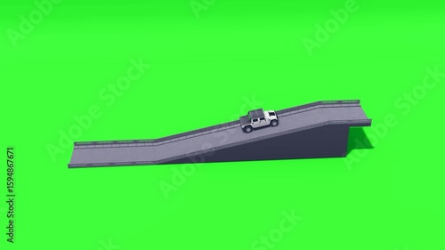 3D rendered utility vehicle ascending a concrete ramp against a solid green screen. Ideal for military, transport, and off-road themed projects requiring custom backgrounds.
