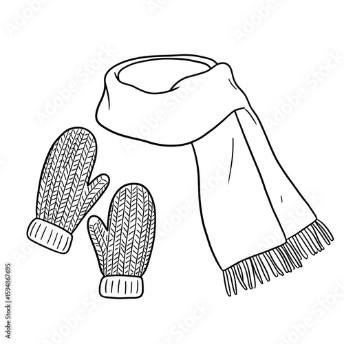 Outline illustration of mittens and a scarf, representing cold weather clothing
