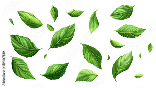 Collection of fresh green leaves isolated on white background
