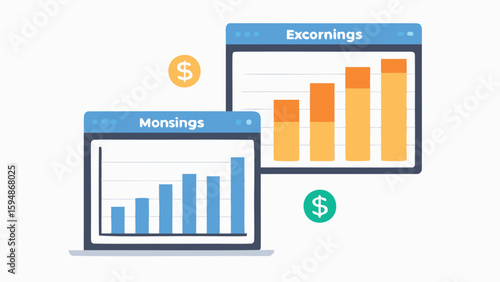 Illustration showing two graphs labeled monsings and excornings with dollar symbols nearby