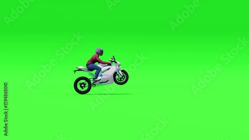 A person wearing a helmet performs a wheelie on a white motorcycle against a green screen. Ideal for action, sports, or transportation-related projects requiring custom backgrounds.