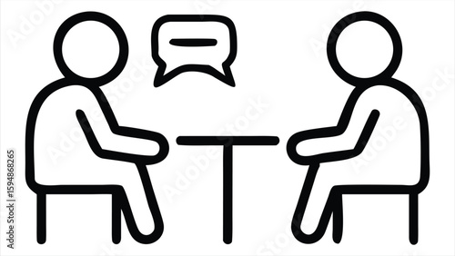 Two stick figures sitting at a table with a speech bubble above them representing conversation and communication in a simple minimalist style. ideal for use in communication apps, messaging platforms
