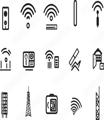 Collection of various black and white icons representing communication and technology elements on white