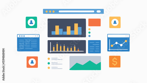 Illustration of a dashboard with various data charts and graphs representing business analytics and metrics
